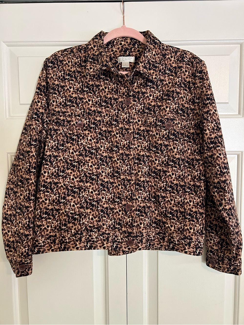 Christopher & Banks Leopard-Print Button Shirt Jacket 100% Cotton Brown Black, L